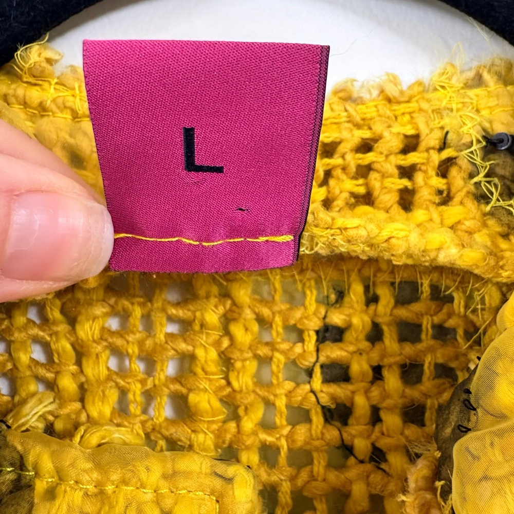 Save The Queen Yellow Silk Cotton Abstract Lace Art to Wear Cardigan Top Women L - Picture 15 of 15